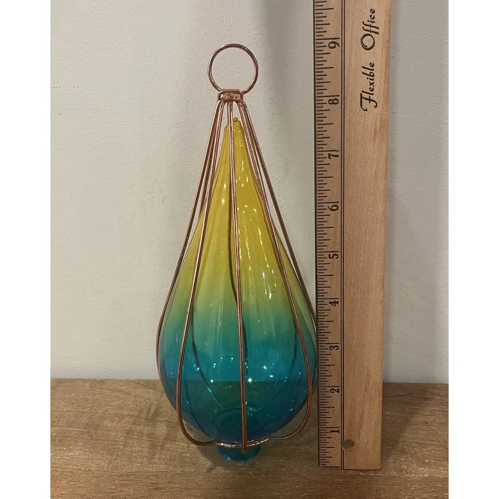 Ombre Art Glass Hummingbird Feeder Teal Yellow Copper Hanging Garden Decor